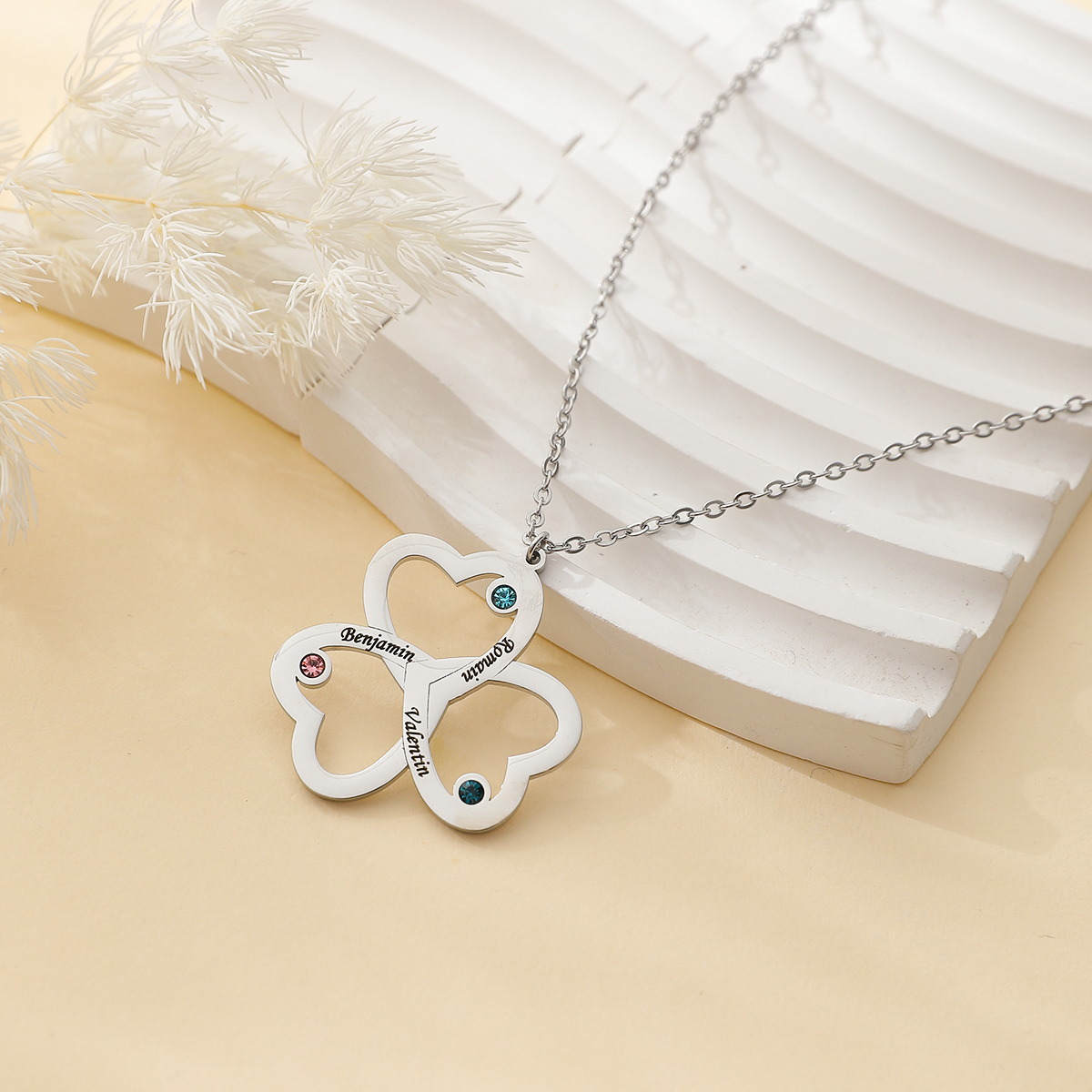 Clover Custom Necklace with Three Names and Birthstones