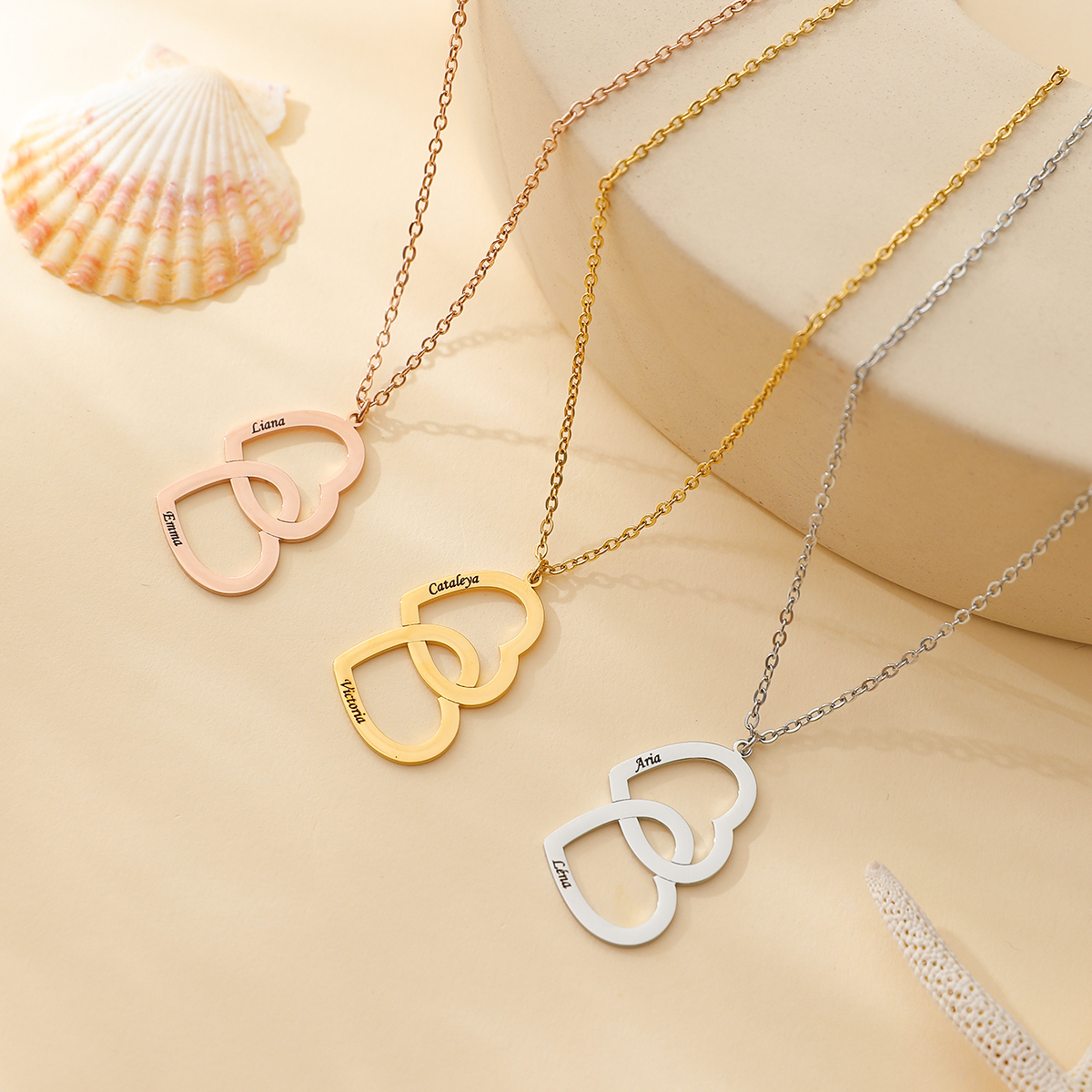 Double Heart Custom Name Engraved Necklace