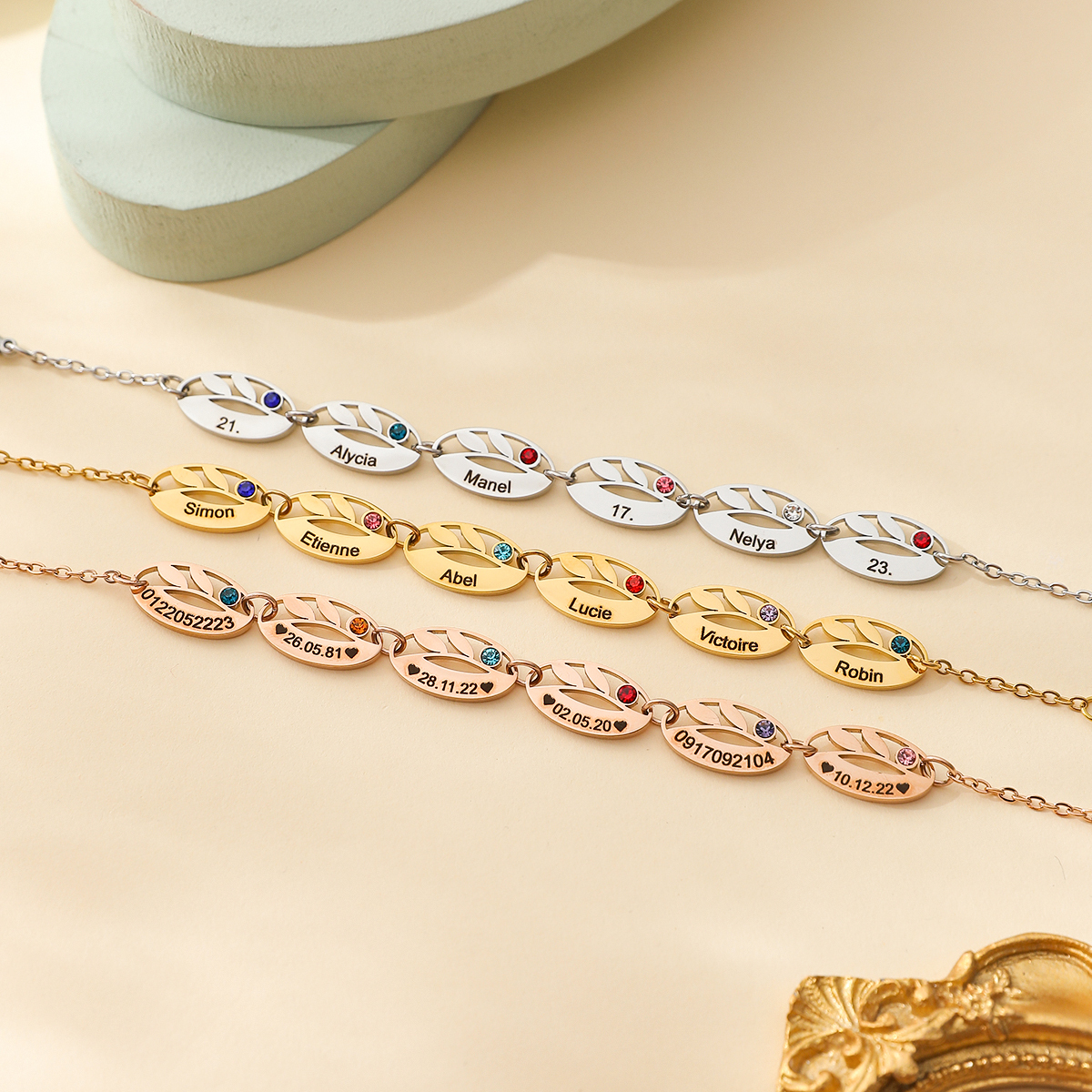 Custom Name Bracelet with brithstone in the Shape of Leaf Veins