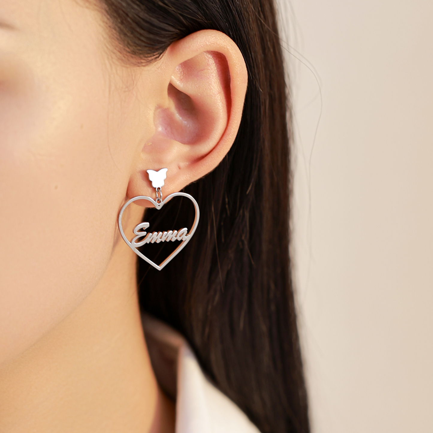 Custom Heart-Shaped Earrings with Names and Decorated by Butterflies