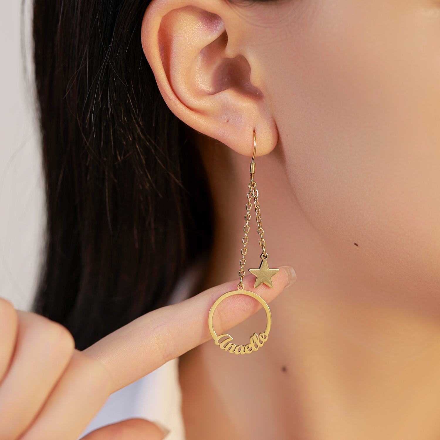 Custom Name Hoop Earrings with Designed Star Pendant