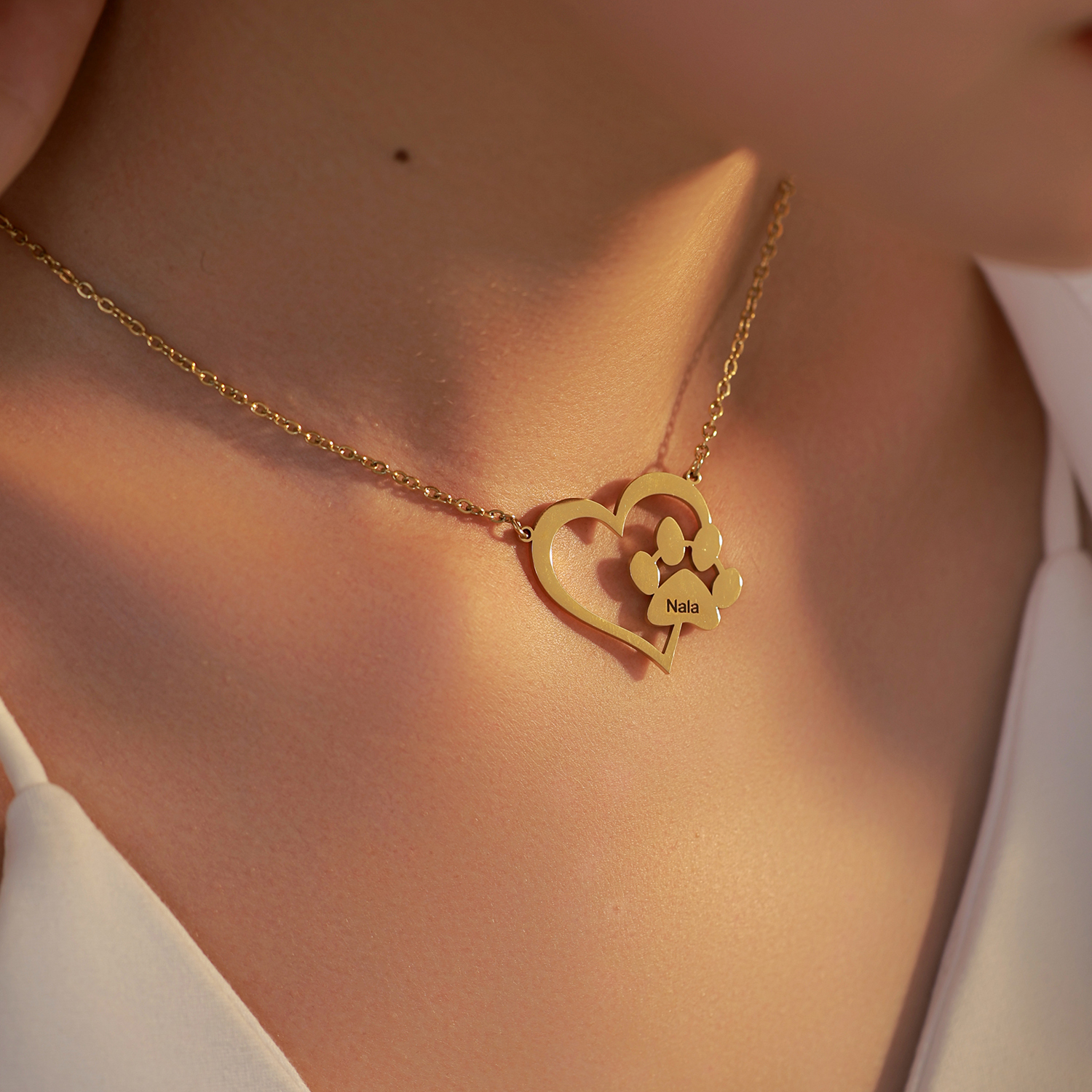 Custom Name with Love-shaped and Cat Paw Dog Paw Necklaces