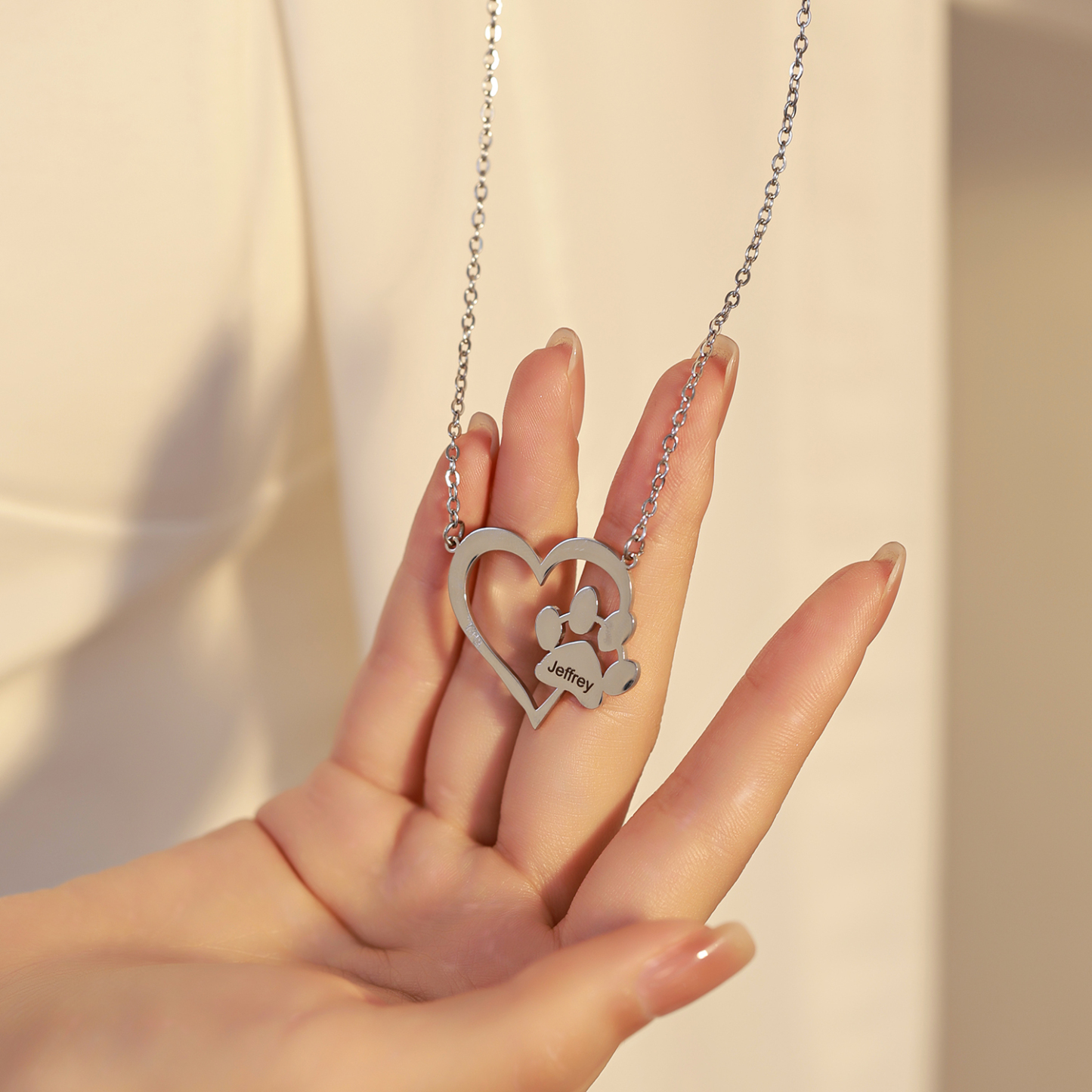 Custom Name with Love-shaped and Cat Paw Dog Paw Necklaces