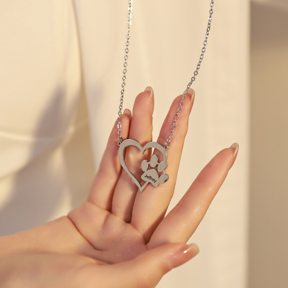 Custom Name with Love-shaped and Cat Paw Dog Paw Necklaces