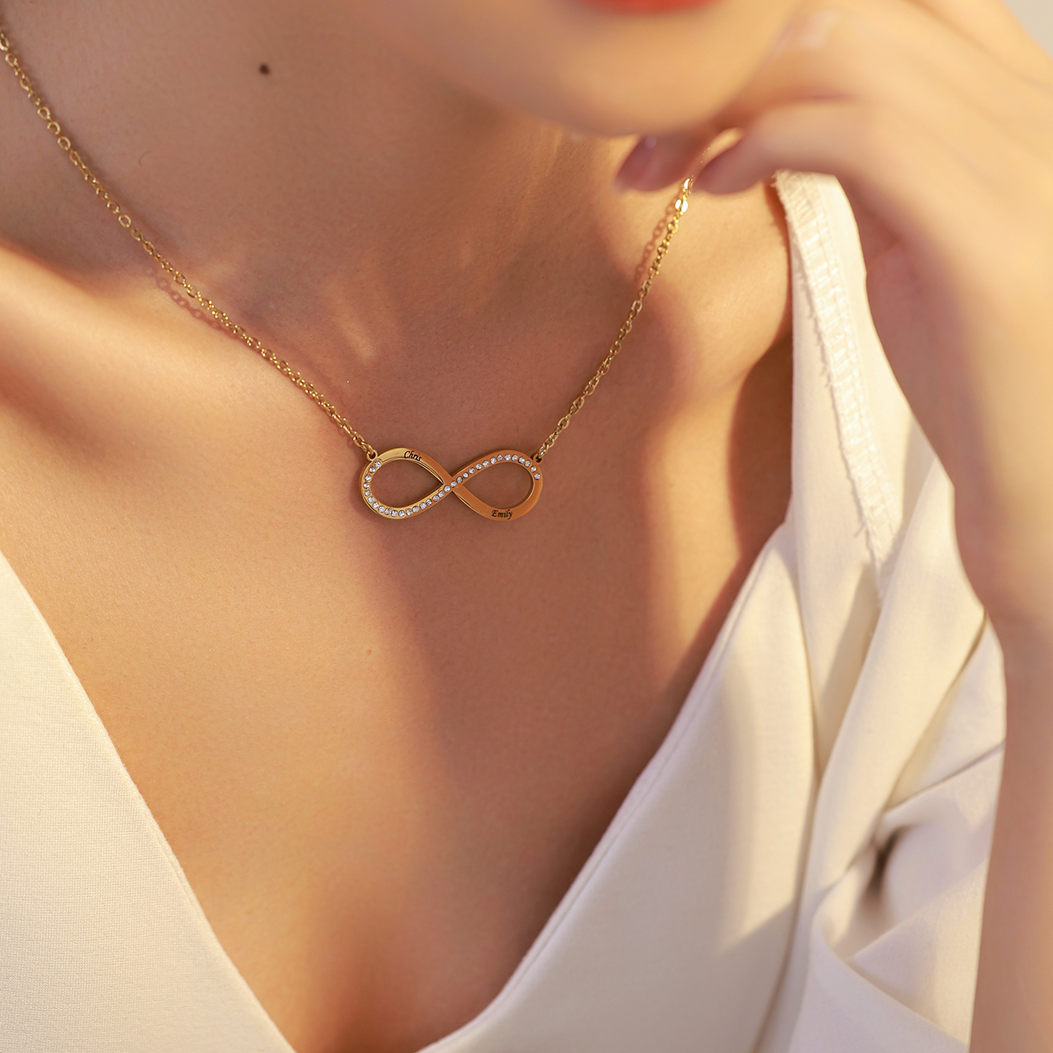 Custom Infinite Loop Necklace with Double Names with Rhinestones