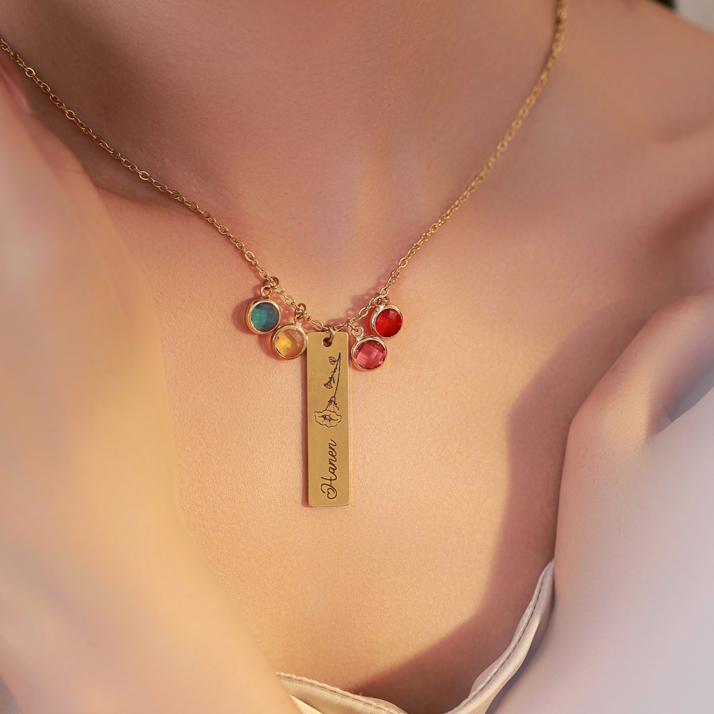 Custom Birthstone Necklace with Engraved Name and Birth Flower