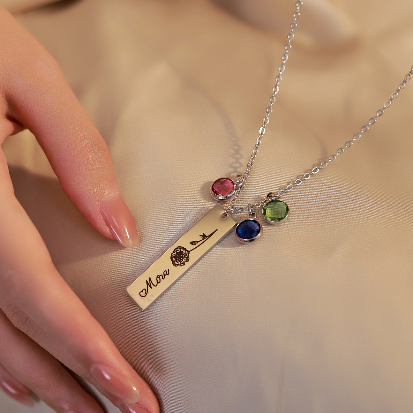 Custom Birthstone Necklace with Engraved Name and Birth Flower