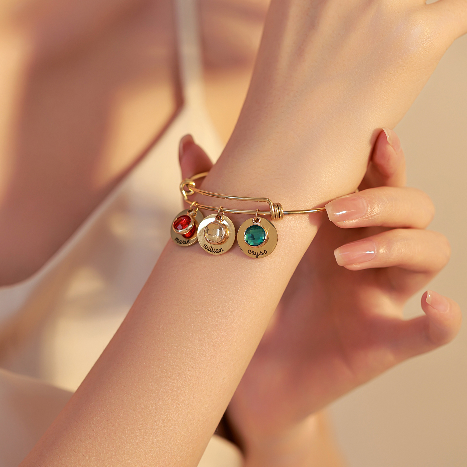 Custom Name and Birthstone Bracelets  of Original Disk-shaped Design