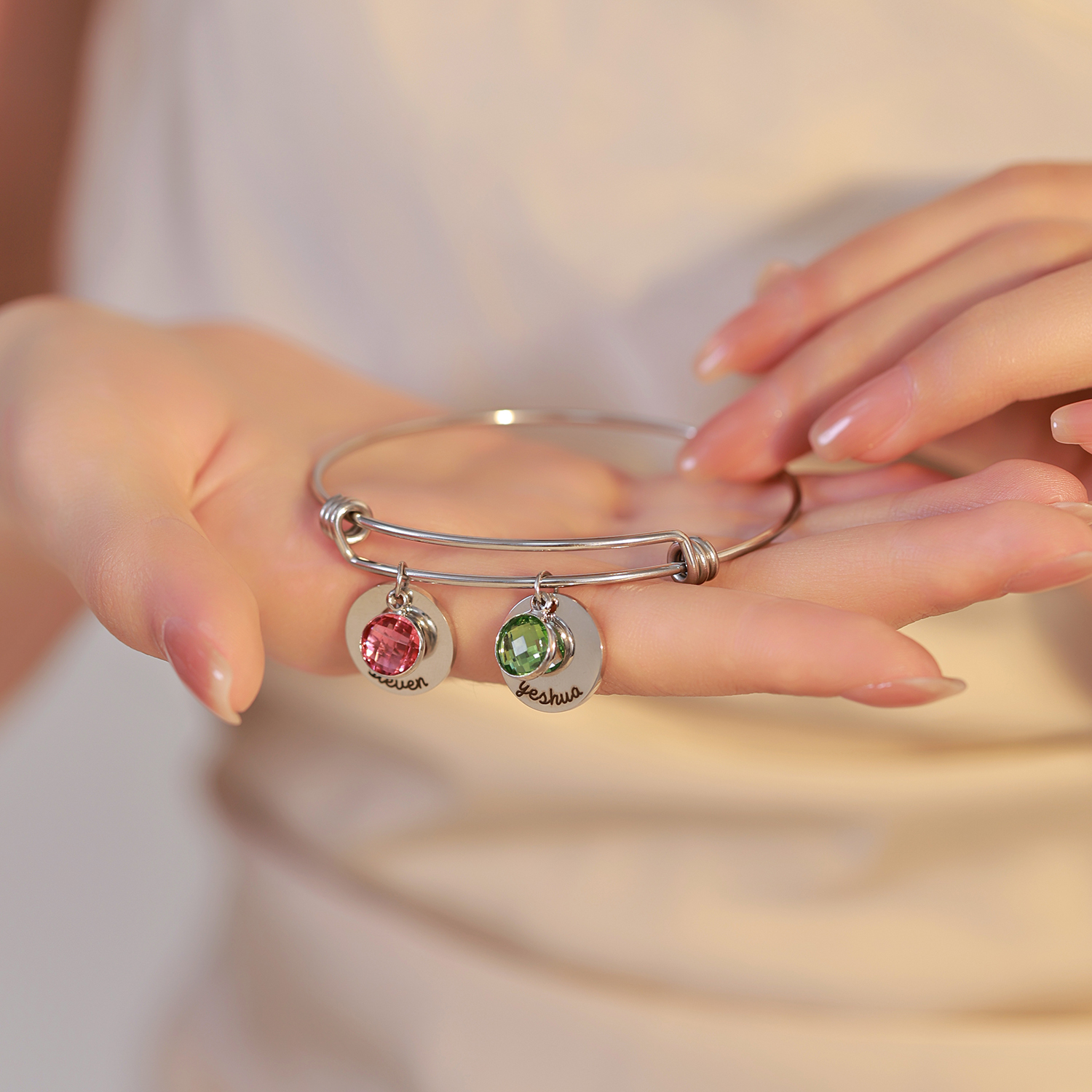 Custom Name and Birthstone Bracelets  of Original Disk-shaped Design