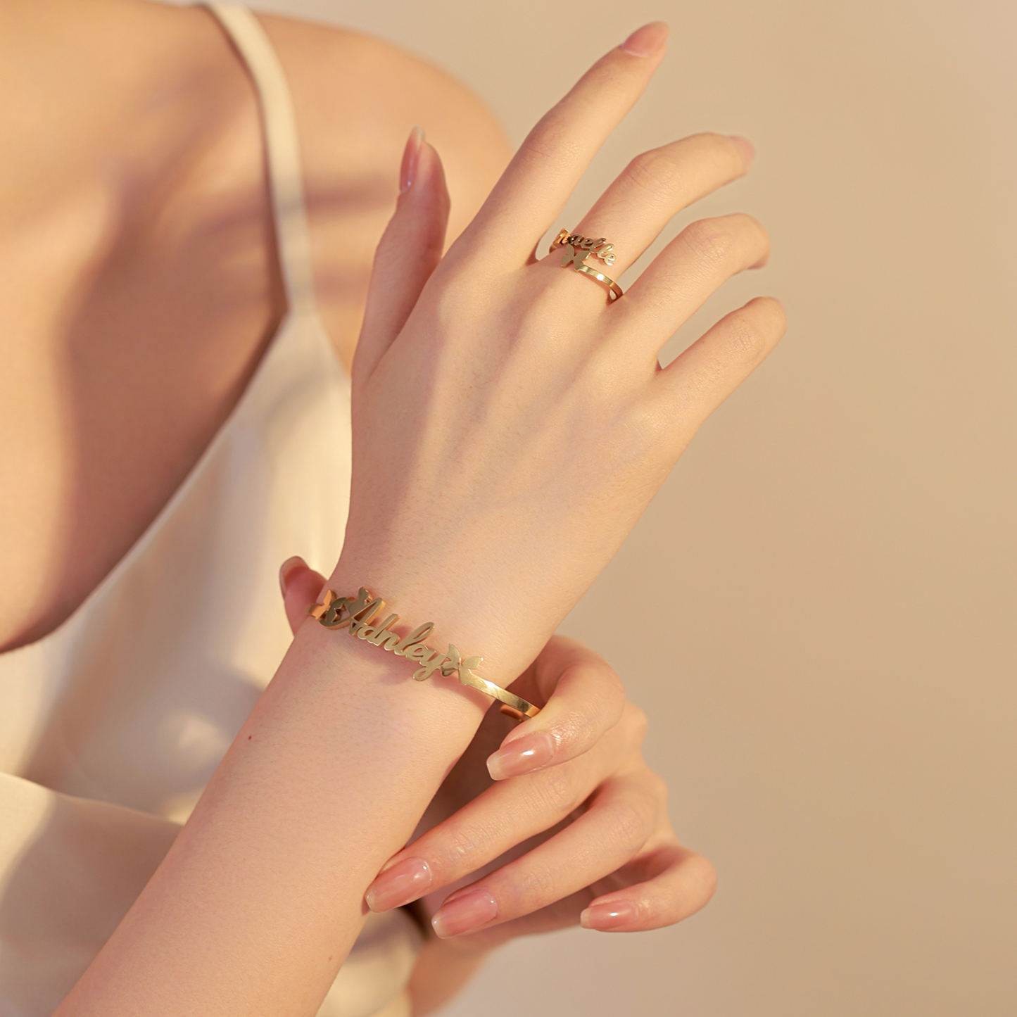 Custom Butterfly-shaped Name Bracelet and Ring Jewelry Set