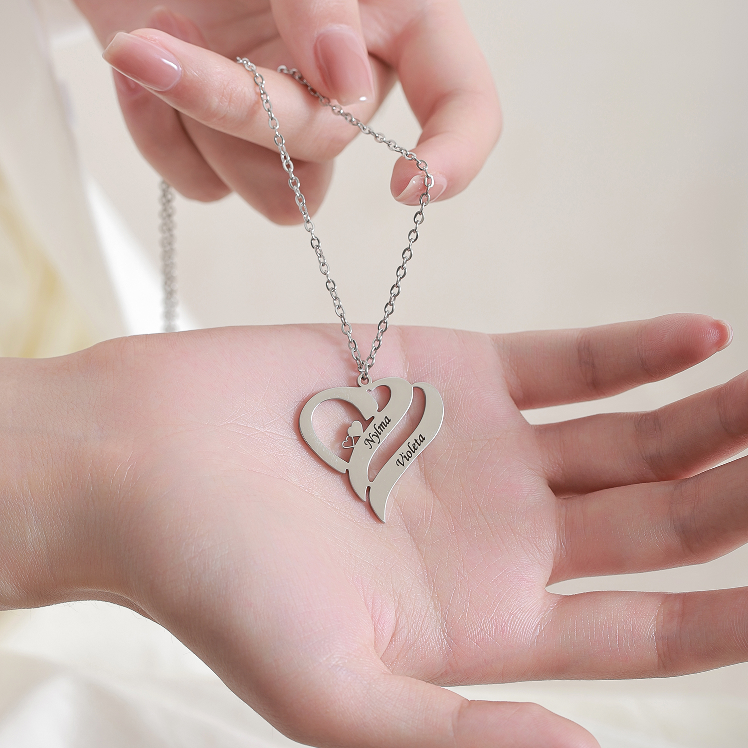 Custom Necklace with Double Hearts and Double Names for Lovers