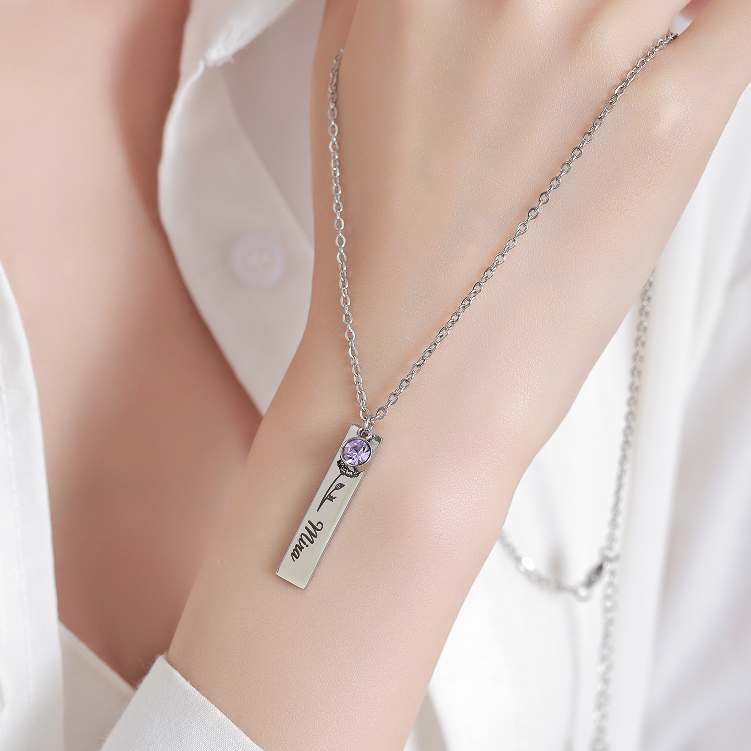 Custom Necklace with Long-shaped Bouquets of Birth Flowers  Names and Birthstones