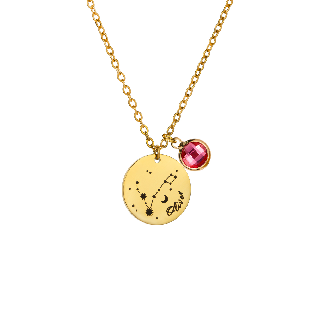 Carved Constellation Round Customized Birthstone Pendant Necklace