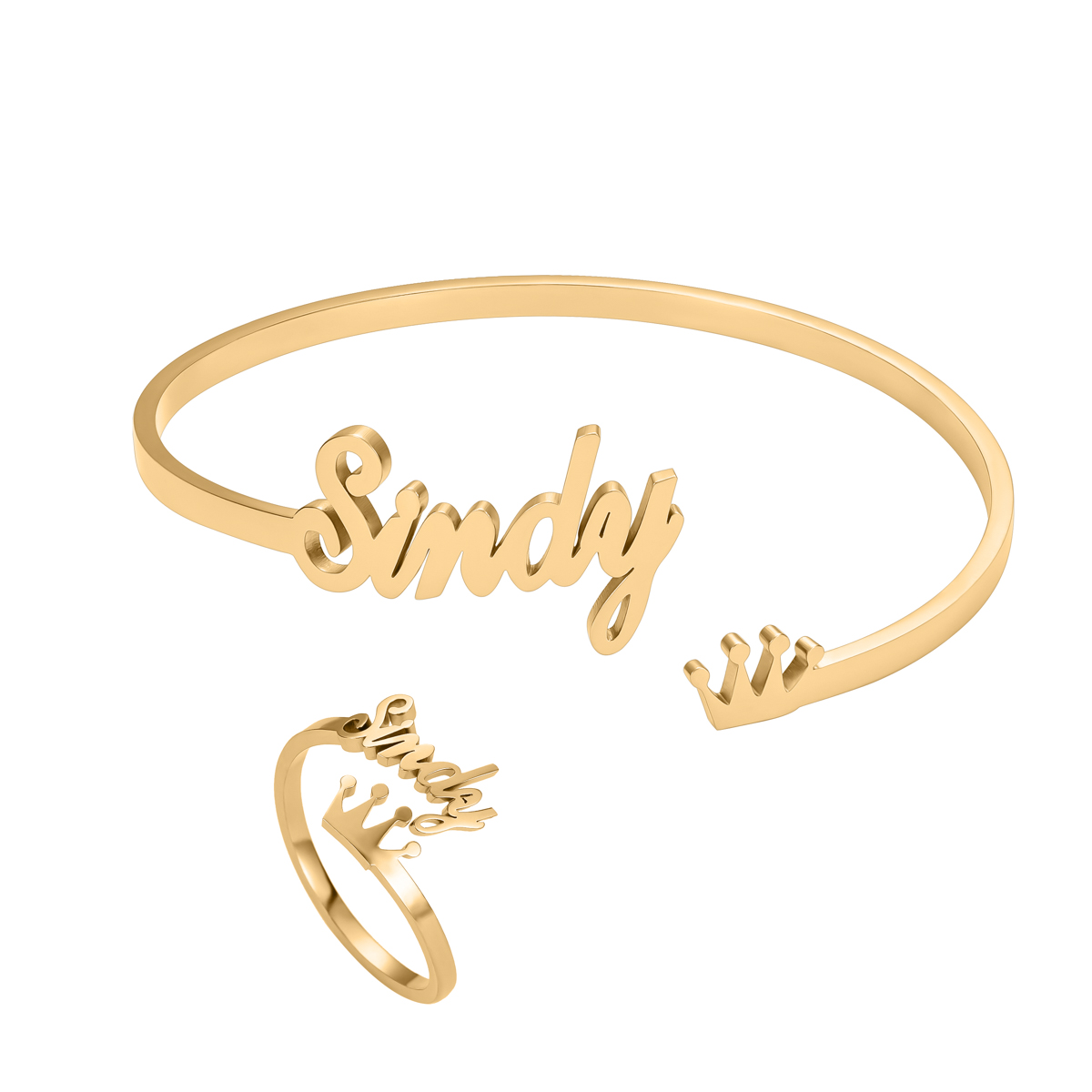 Custom Crown-shaped Name Bracelet and Rings Jewelry Set