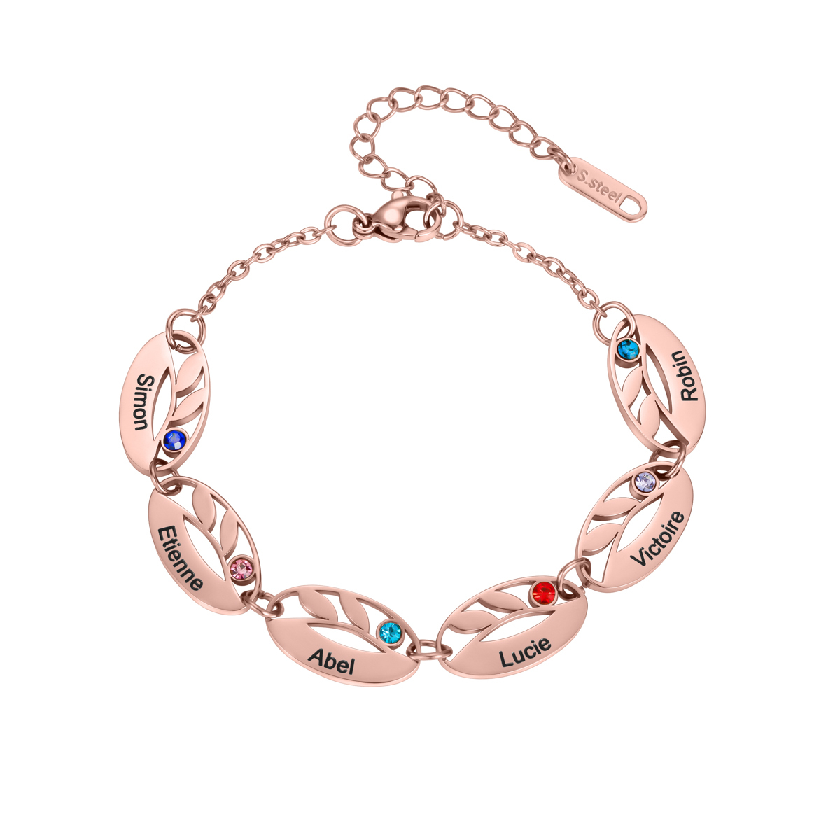 Custom Name Bracelet with Birthstone in the Shape of Leaf Veins