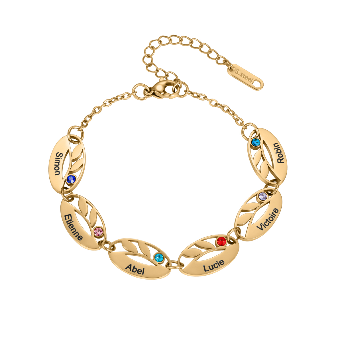 Custom Name Bracelet with Birthstone in the Shape of Leaf Veins