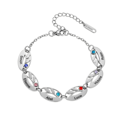 Custom Name Bracelet with Birthstone in the Shape of Leaf Veins