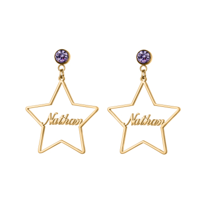 Personalized Name Birthstone Earrings with Pentagram Shape