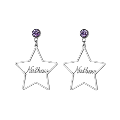 Personalized Name Birthstone Earrings with Pentagram Shape