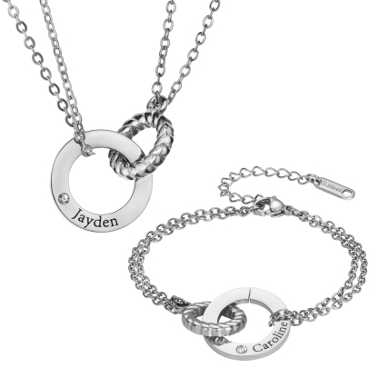 Customized Double Circle Interlock Necklace & Bracelet Sets