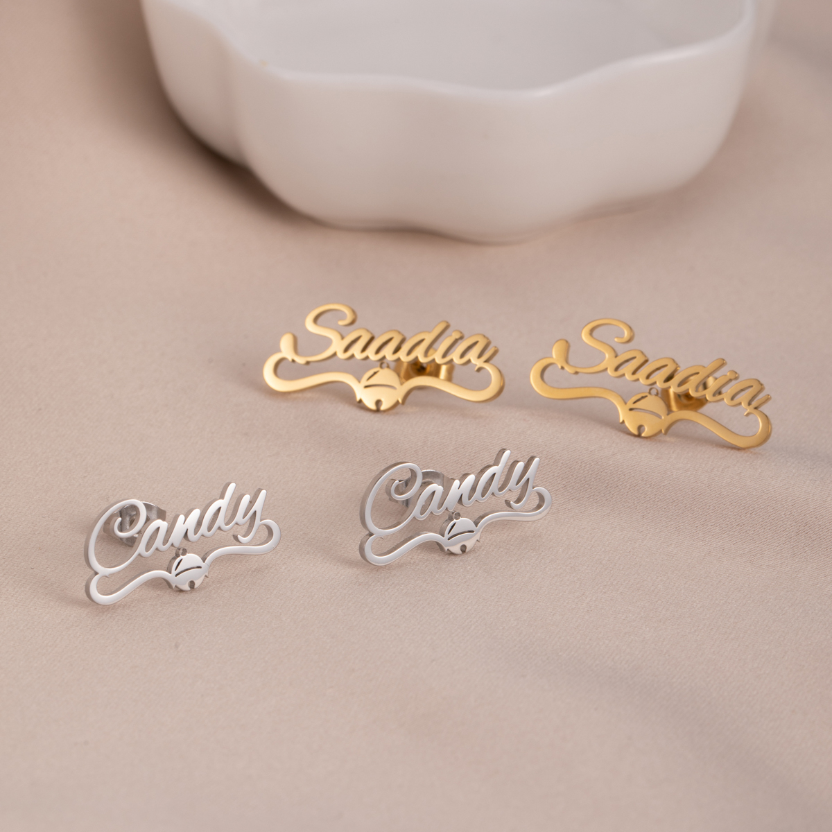 Custom Name Earrings with Christmas Bell Elements