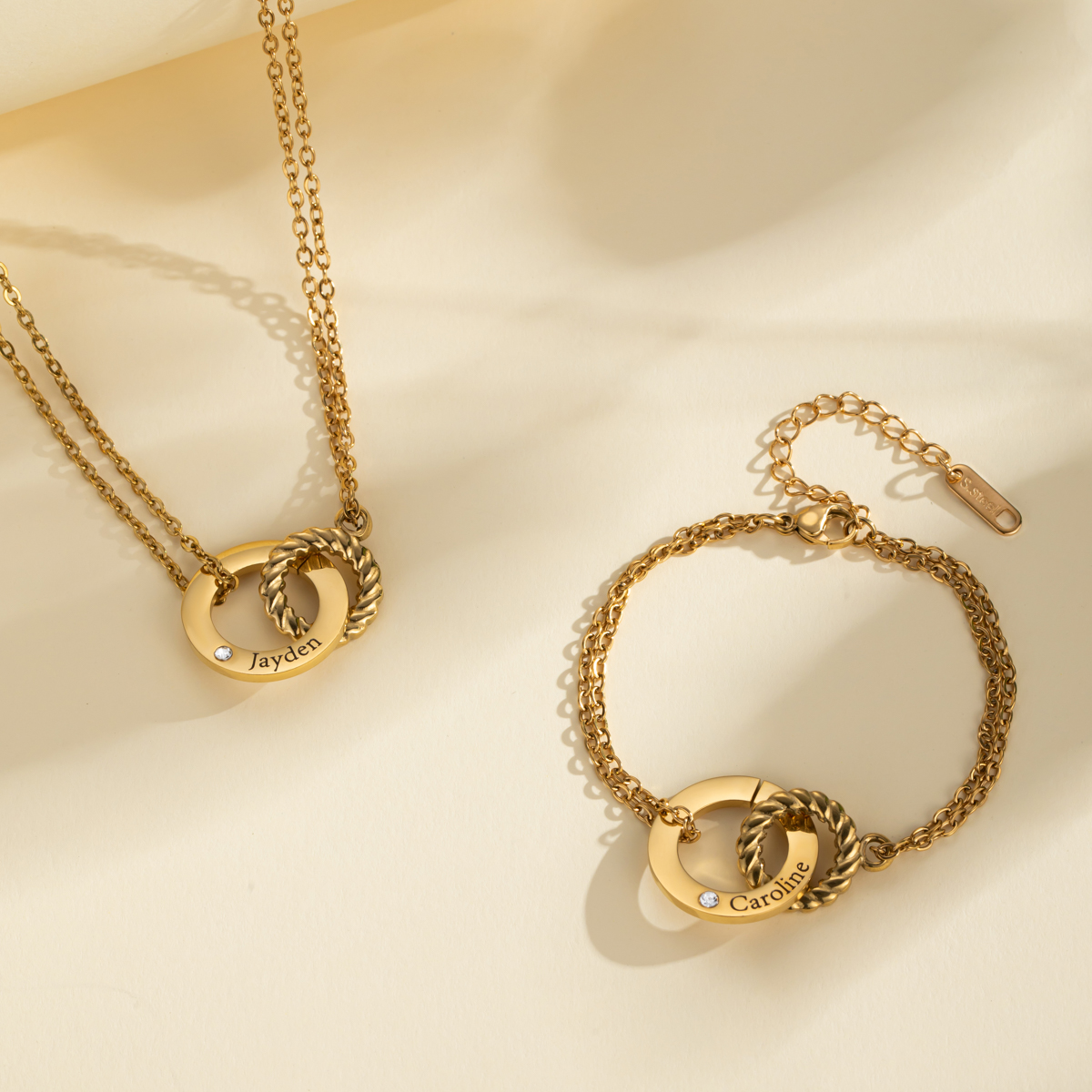 Customized Double Circle Interlock Necklace & Bracelet Sets