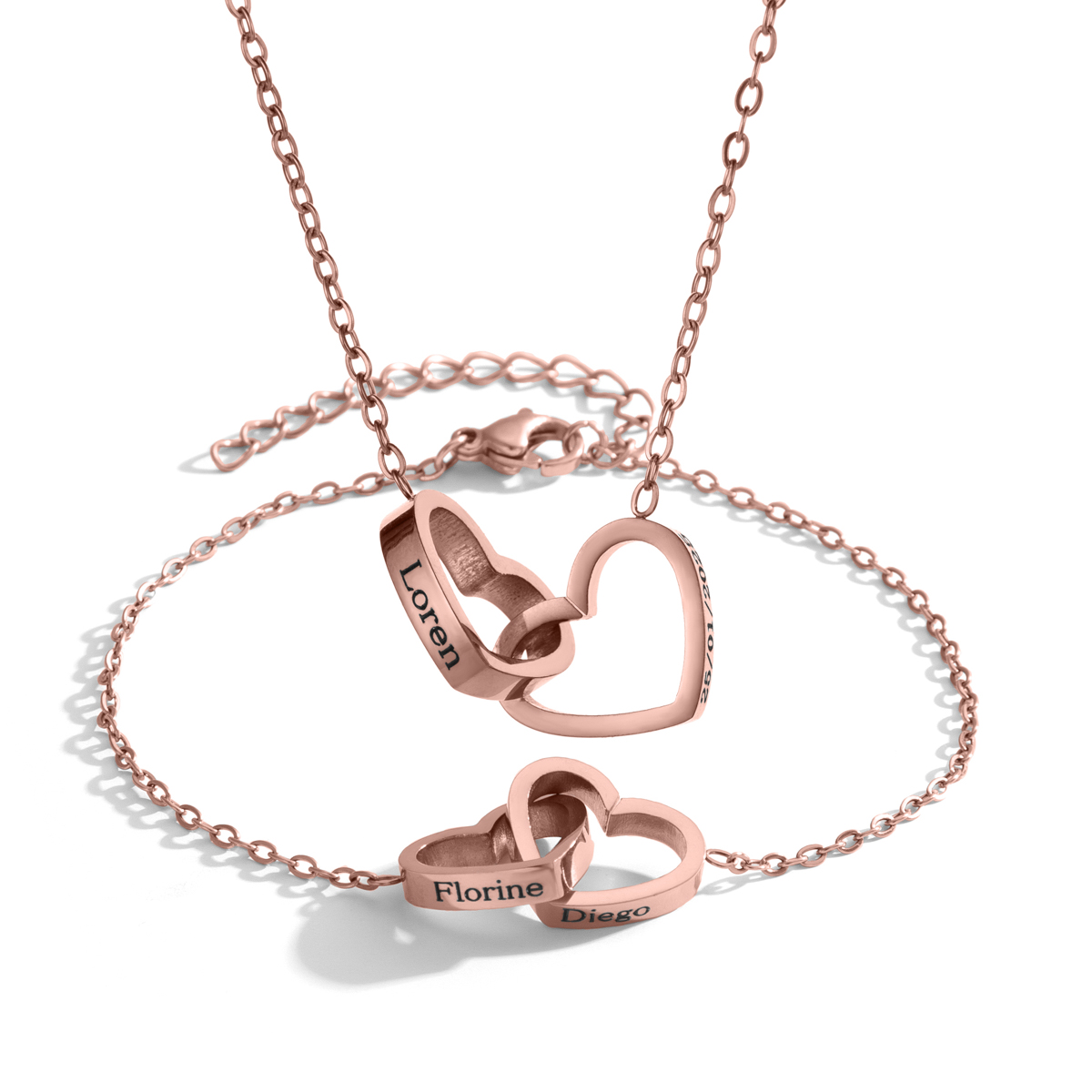 Customized Name Double Heart Intersect Necklace & Bracelet Sets