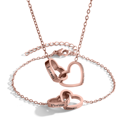 Customized Name Double Heart Intersect Necklace & Bracelet Sets