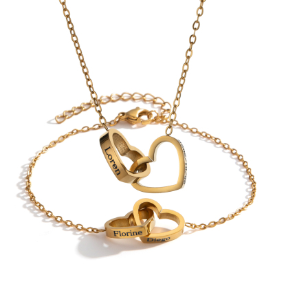 Customized Name Double Heart Intersect Necklace & Bracelet Sets
