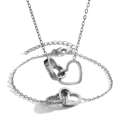 Customized Name Double Heart Intersect Necklace & Bracelet Sets