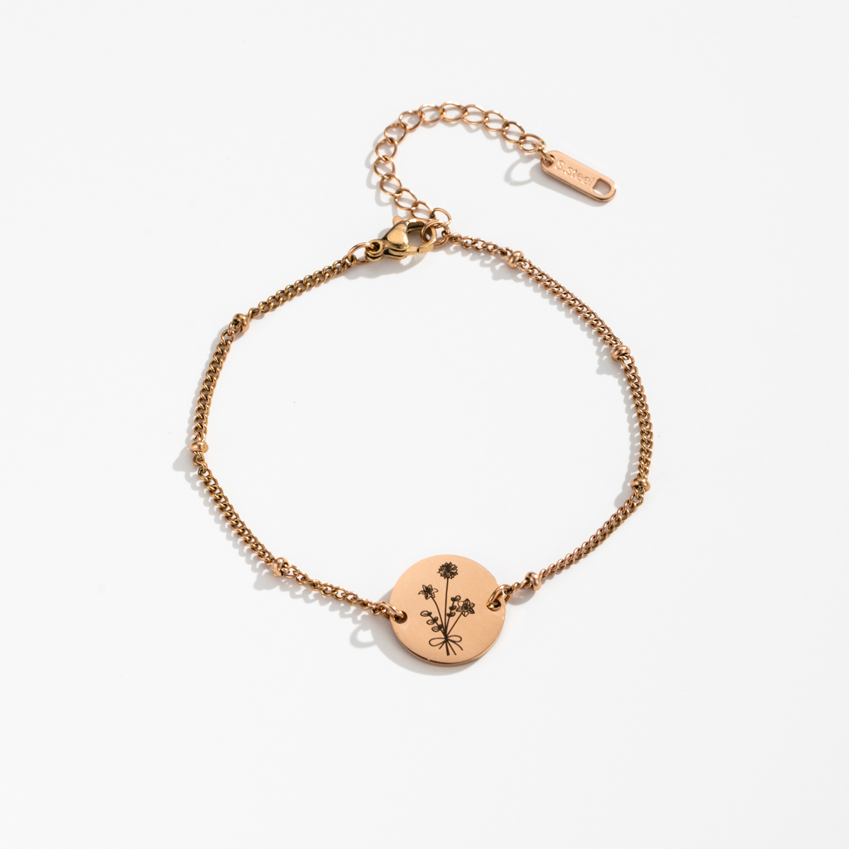 Custom Round Slice Engraved Birth Flower Bracelet