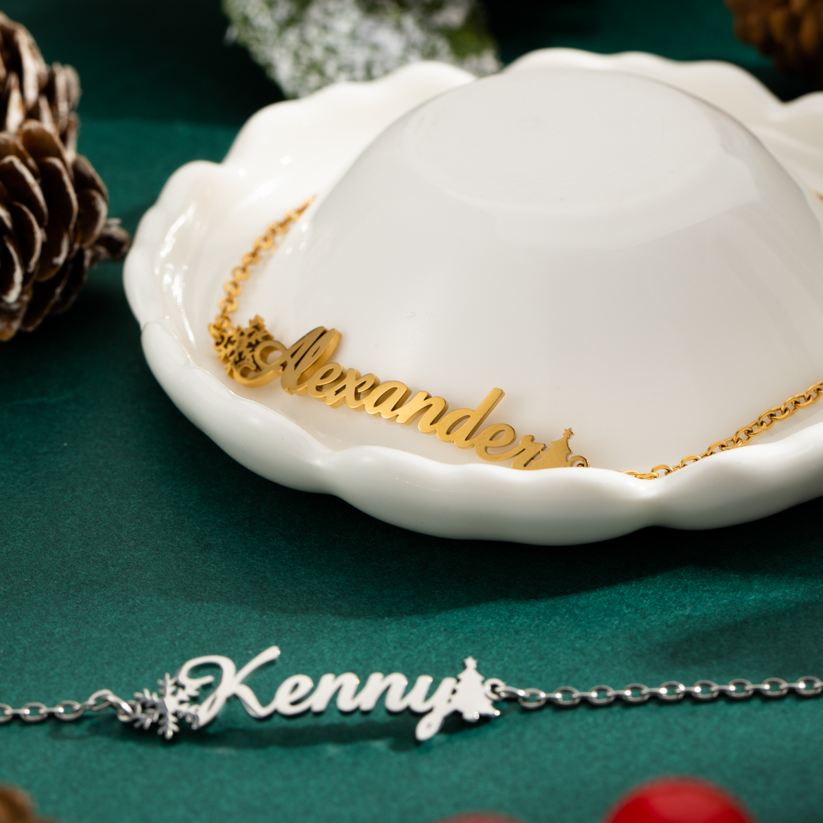 Custom Jewelry Set Name Necklace and Earrings with Snowflakes and Christmas trees