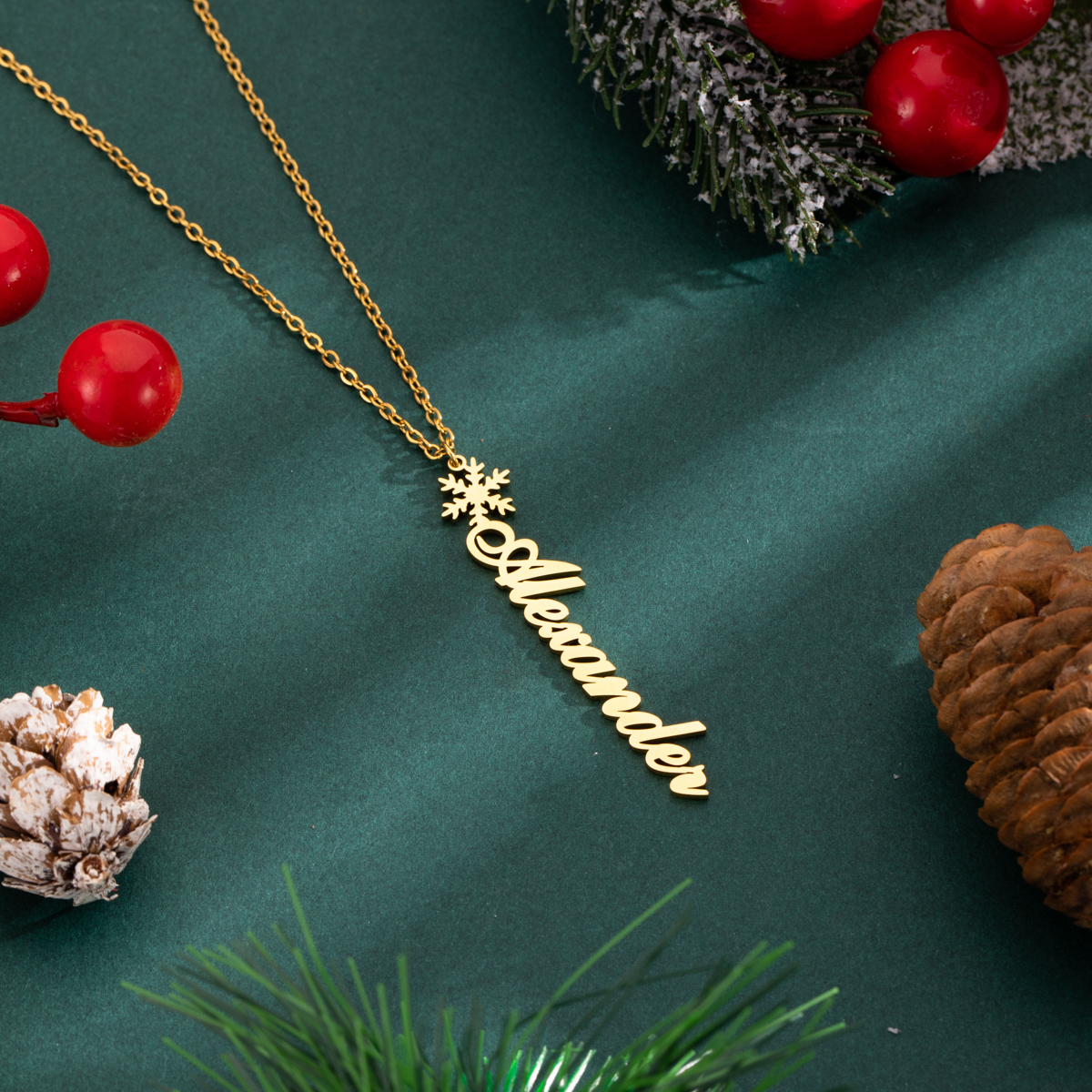 Custom Vertical Name Necklaces with Christmas Snowflake Elements