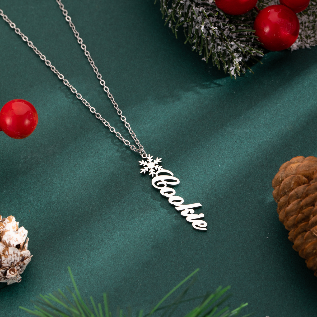 Custom Vertical Name Necklaces with Christmas Snowflake Elements