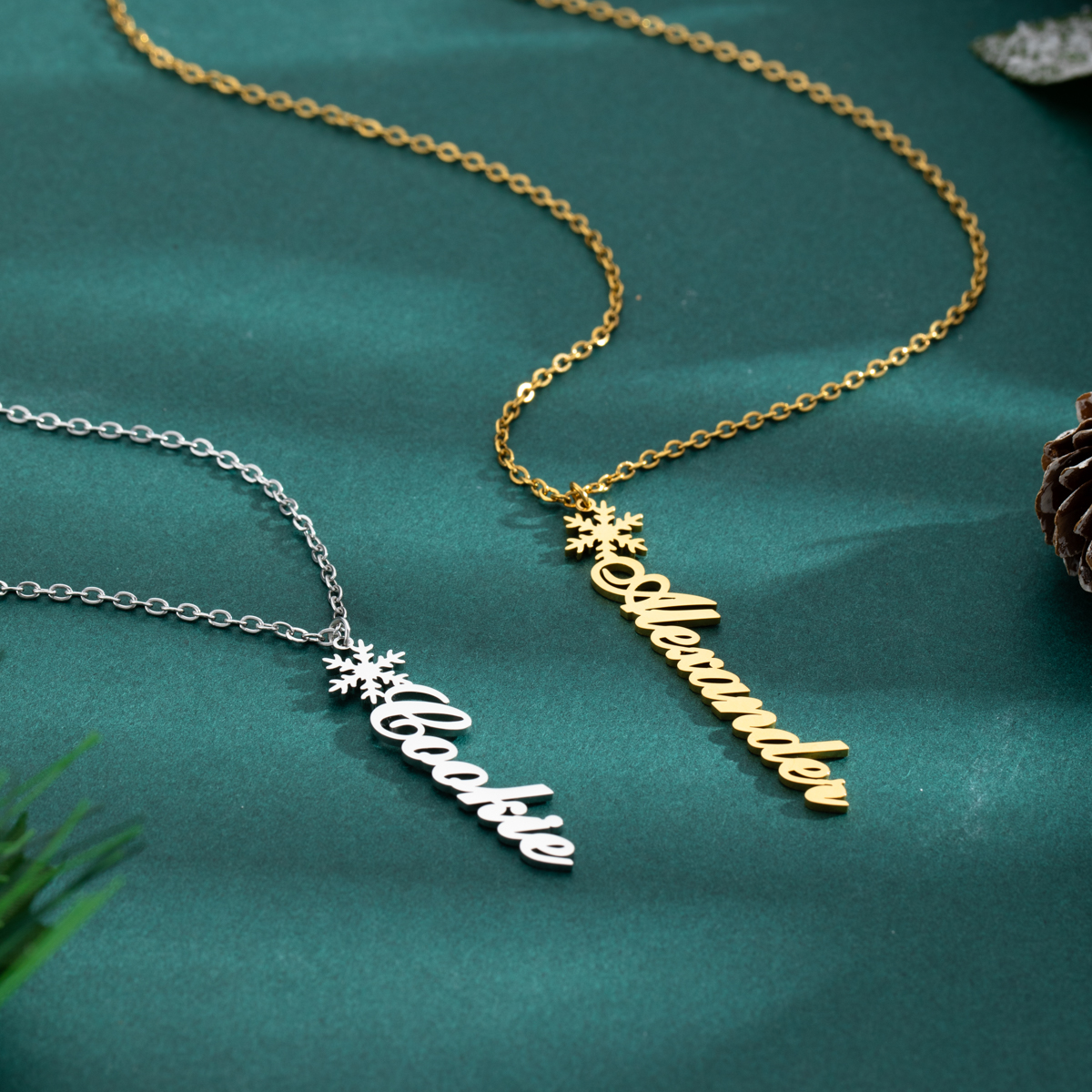 Custom Vertical Name Necklaces with Christmas Snowflake Elements