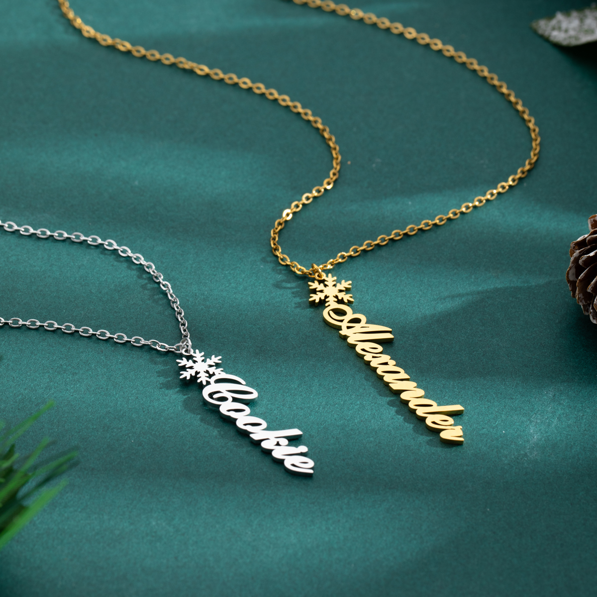 Custom Vertical Name Necklaces with Christmas Snowflake Elements