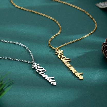 Custom Vertical Name Necklaces with Christmas Snowflake Elements