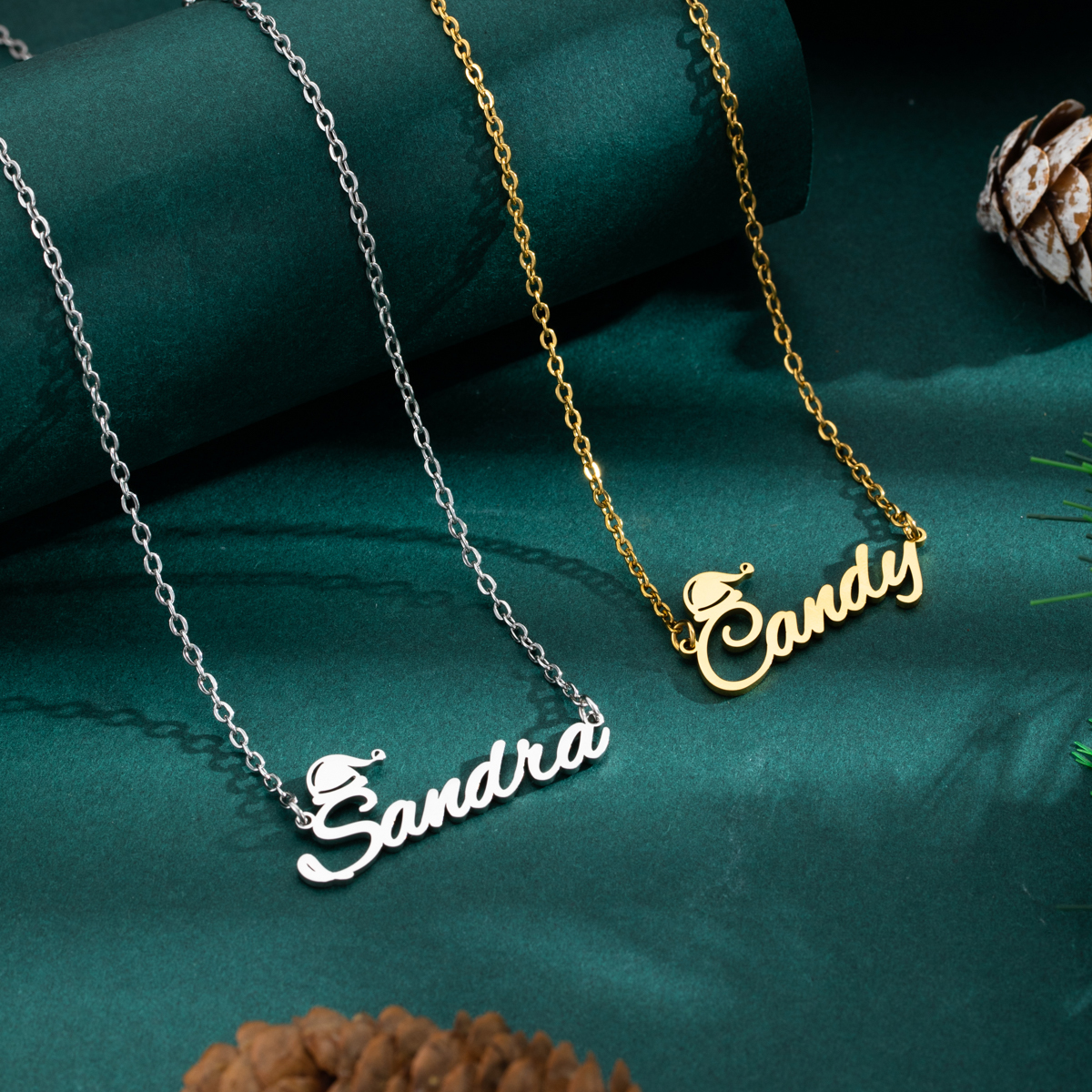 Custom Name Necklaces with Christmas Hat Elements