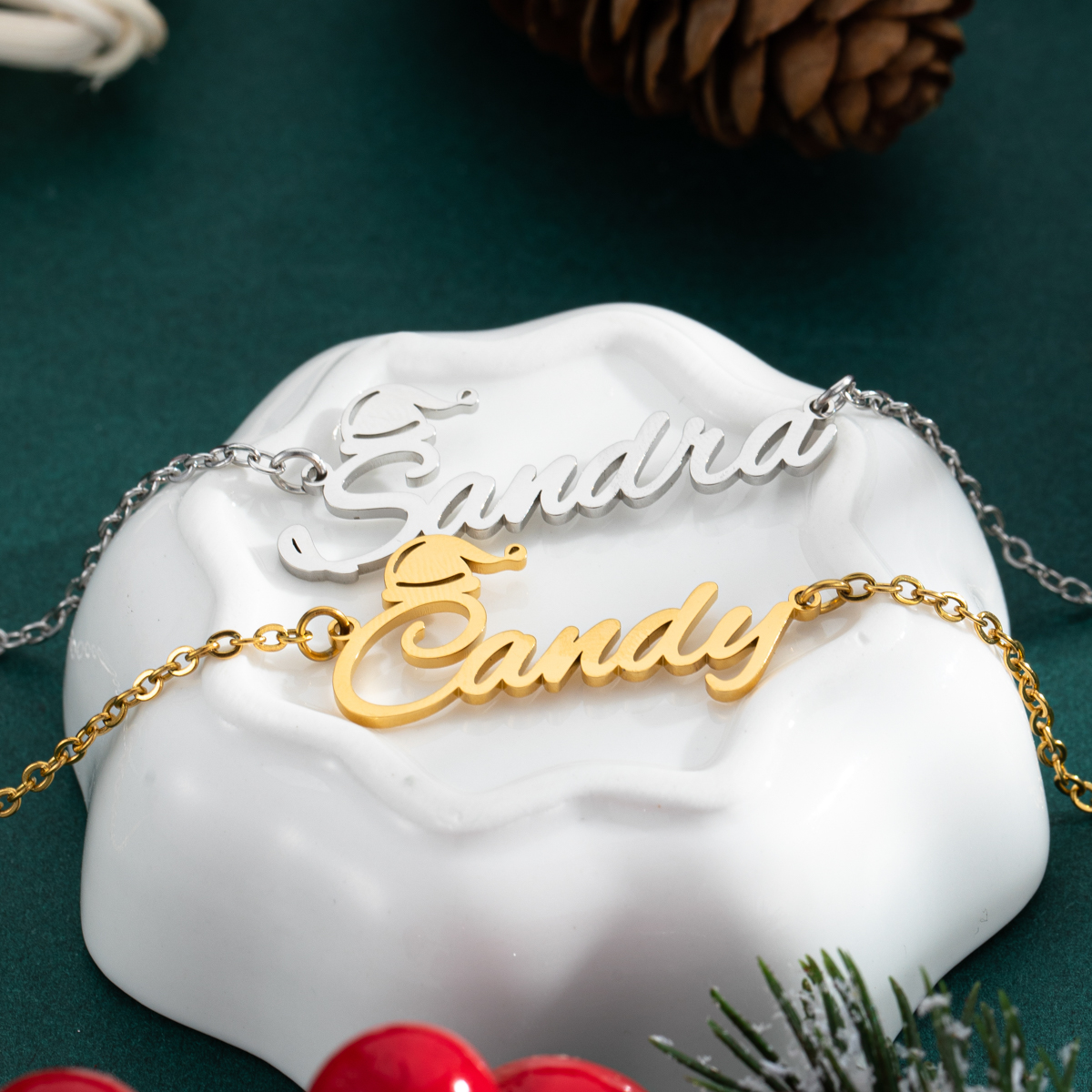 Custom Name Necklaces with Christmas Hat Elements