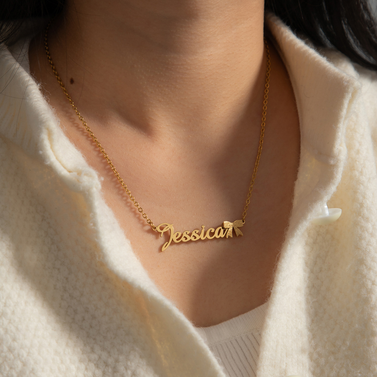 Customized Name Layered Frosted Bowknot Necklace