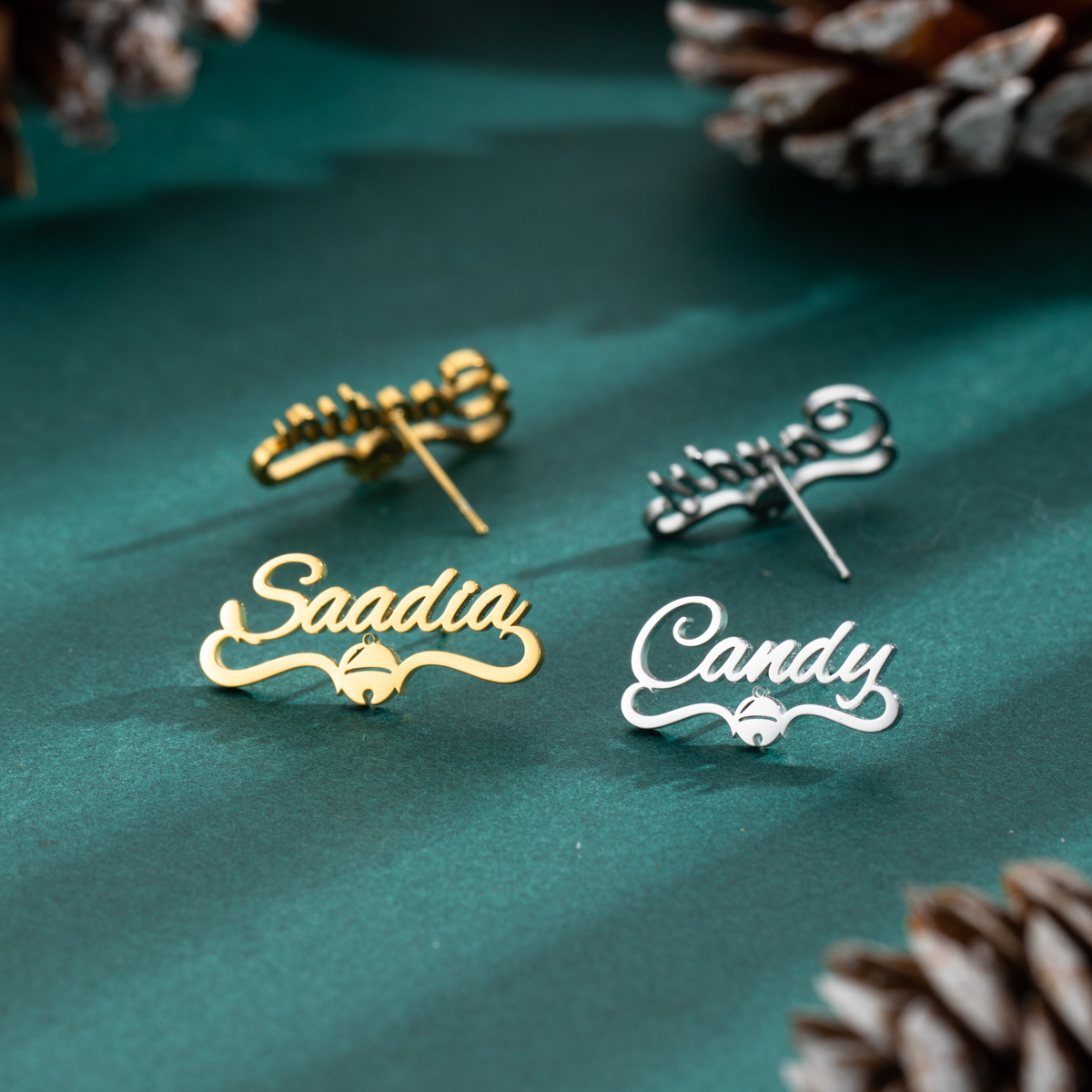 Custom Name Earrings with Christmas Bell Elements