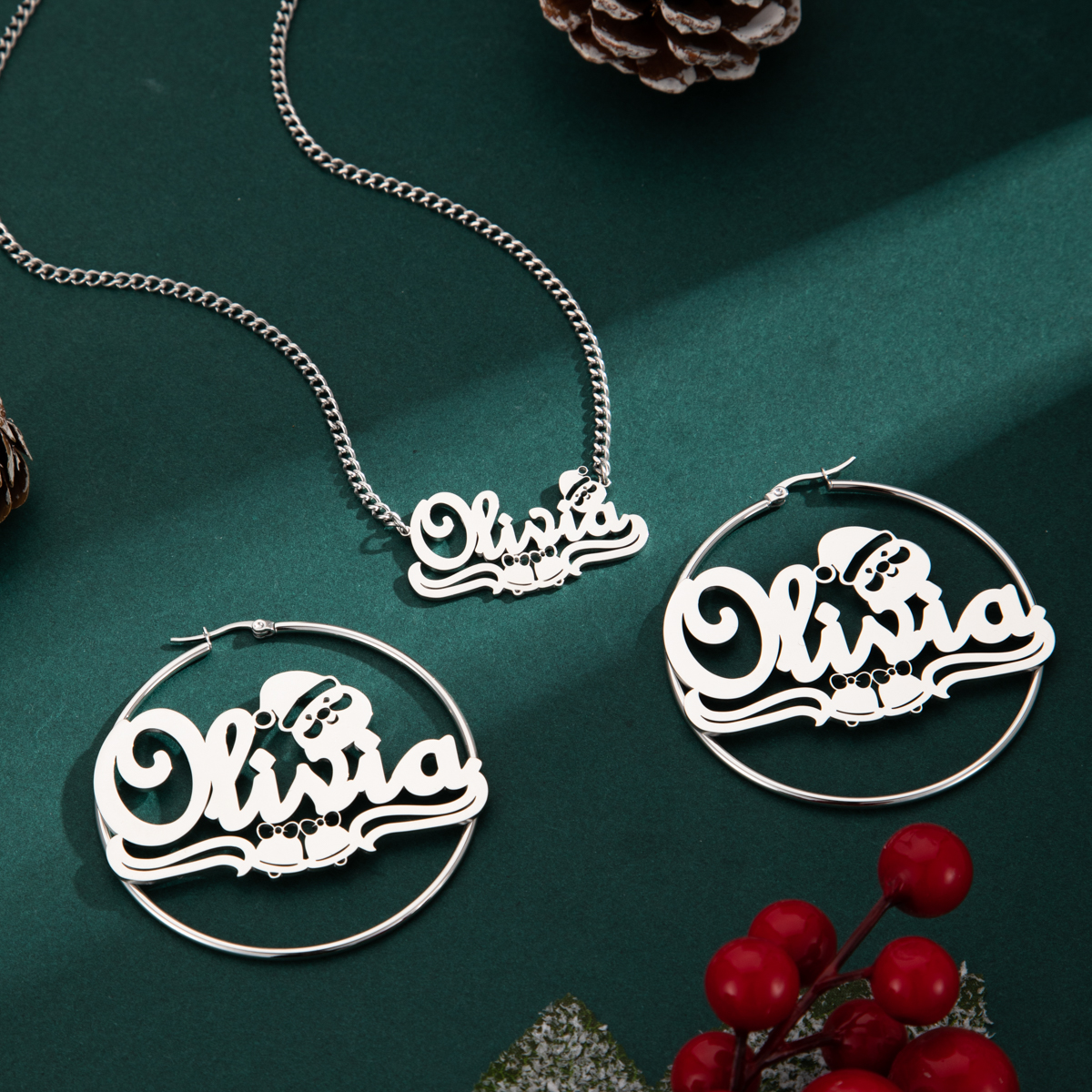 Custom Jewelry Set Name Necklace and Earrings with Bells and Santa Claus