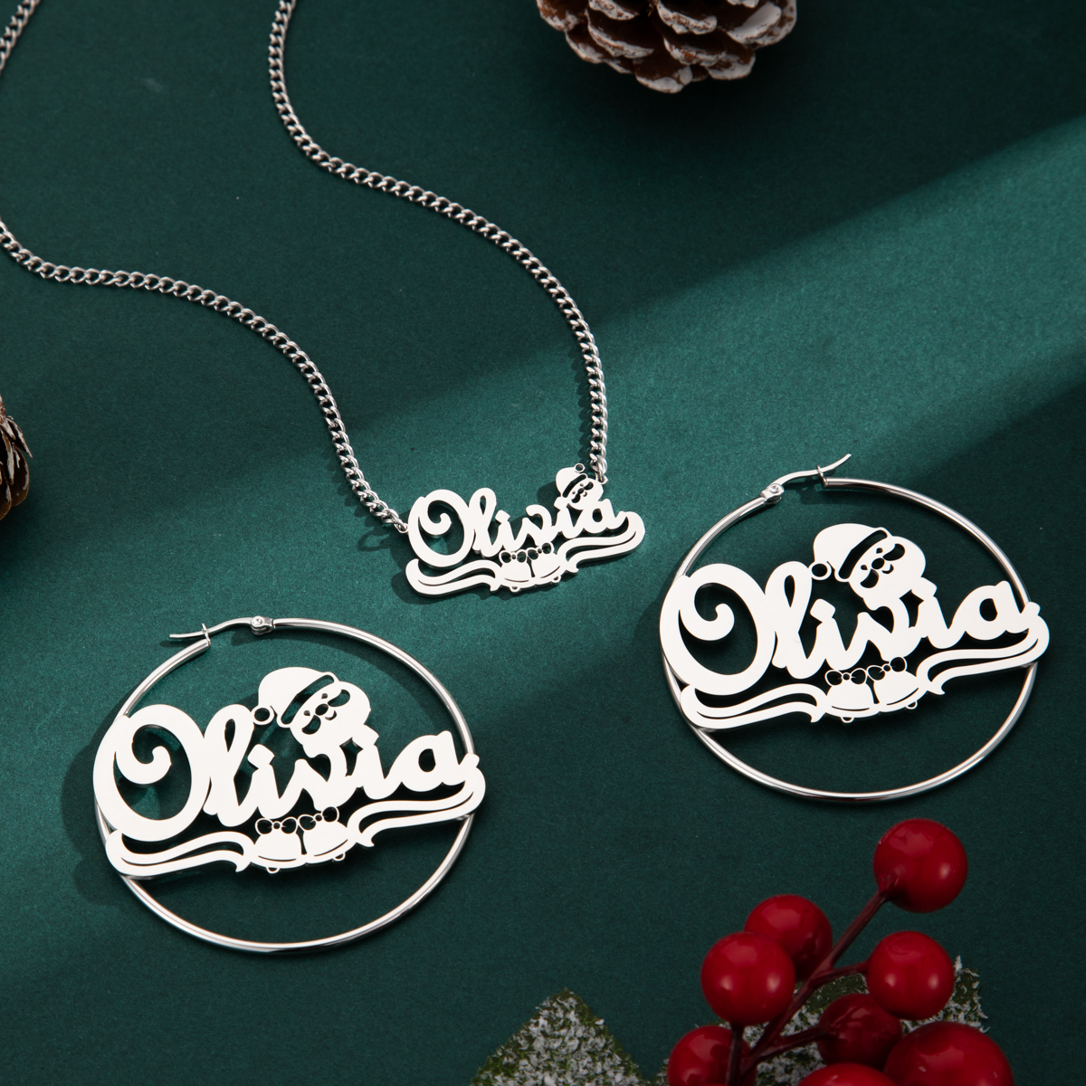 Custom Jewelry Set Name Necklace and Earrings with Bells and Santa Claus