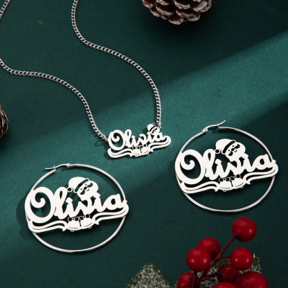Custom Jewelry Set Name Necklace and Earrings with Bells and Santa Claus