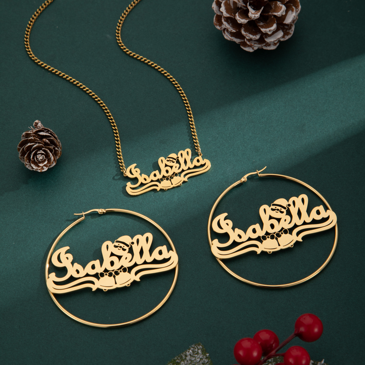 Custom Jewelry Set Name Necklace and Earrings with Bells and Santa Claus