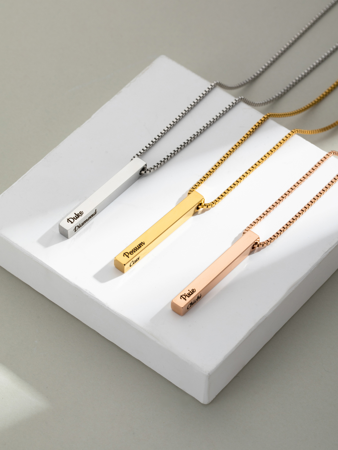 [Copy]Custom Necklace with Cuboid Pendants Engraved with Text on Four Sides