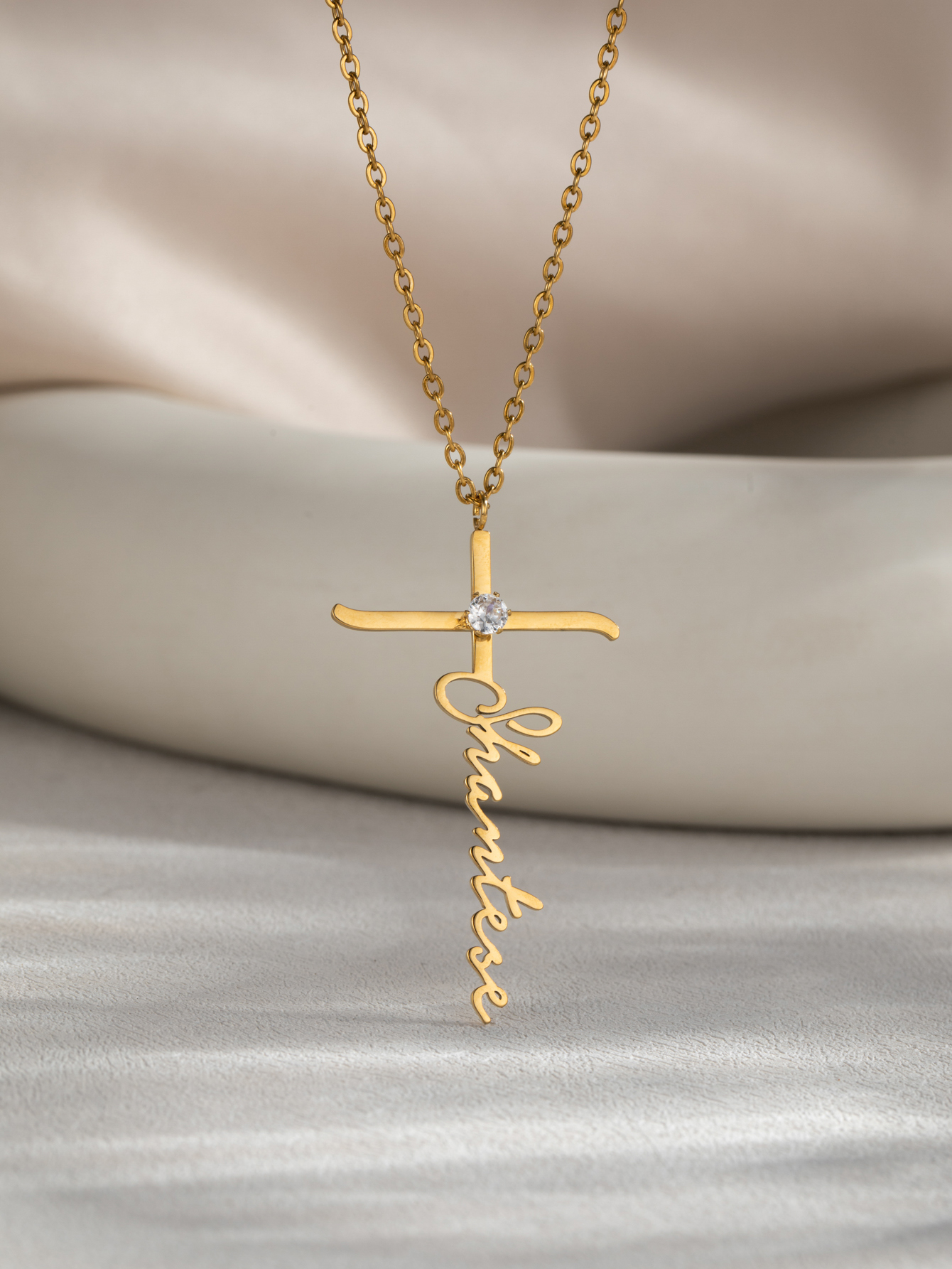 Custom Name Cross-shaped Necklace with Birthstone