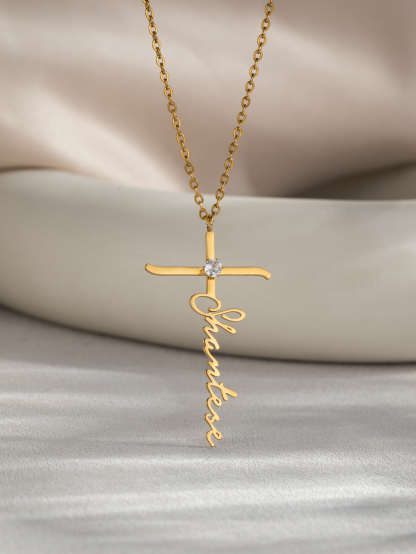 Custom Name Cross-shaped Necklace with Birthstone