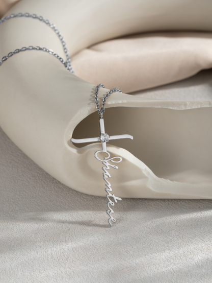 Custom Name Cross-shaped Necklace with Birthstone