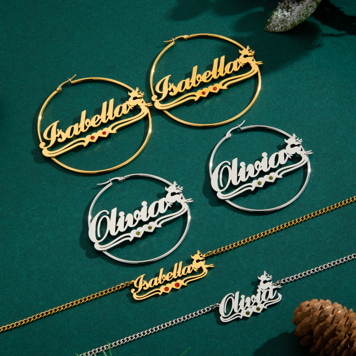 Custom Combination Name Birthstone Necklace and Bracelet with Christmas Reindeer